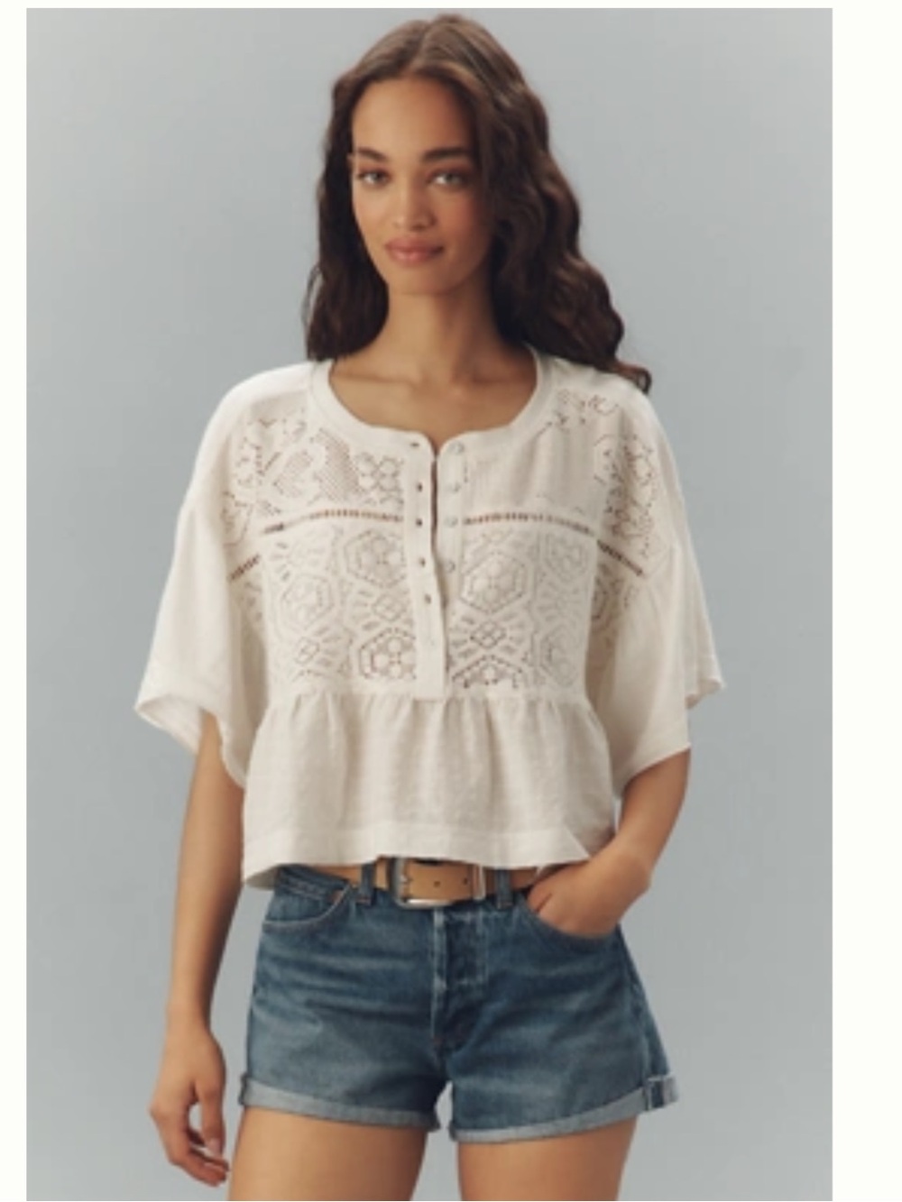 Pilcro Ivory Crochet-Panel Peplum Blouse